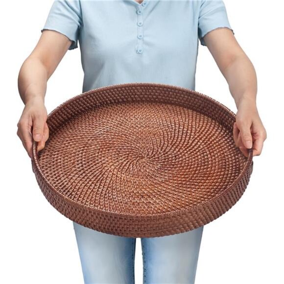 New 16.9 inch Round Rattan Tray Woven Large Serving Tray with Handles Wicker